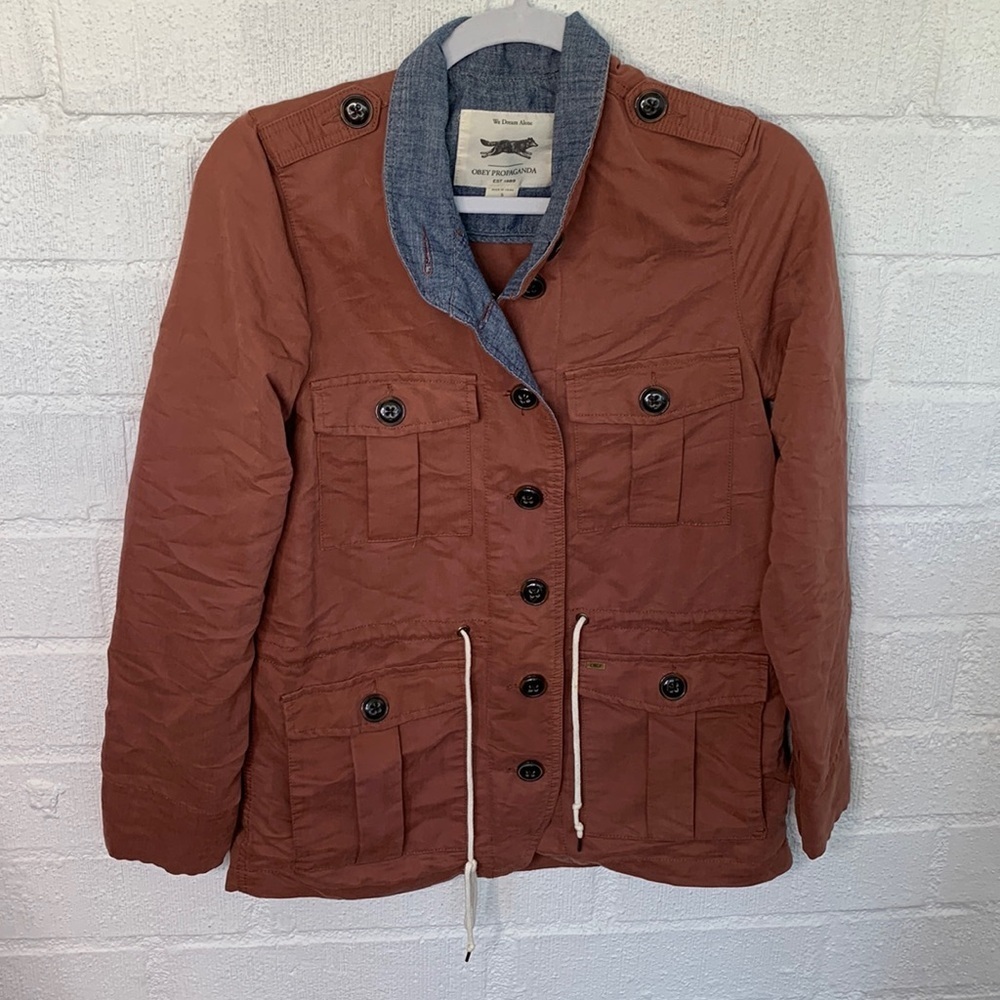 Obey Propaganda Utility Hemingway Button Up Cargo Rust Logo Jacket size S